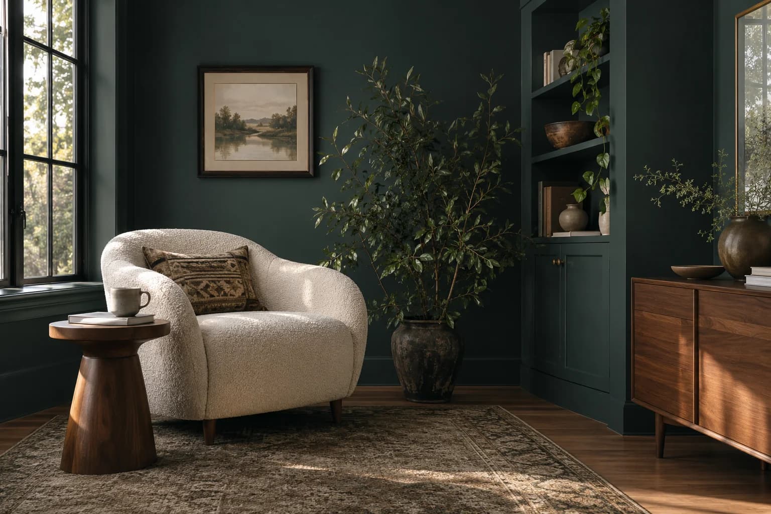 Reading nook with Salamander walls and a cream armchair