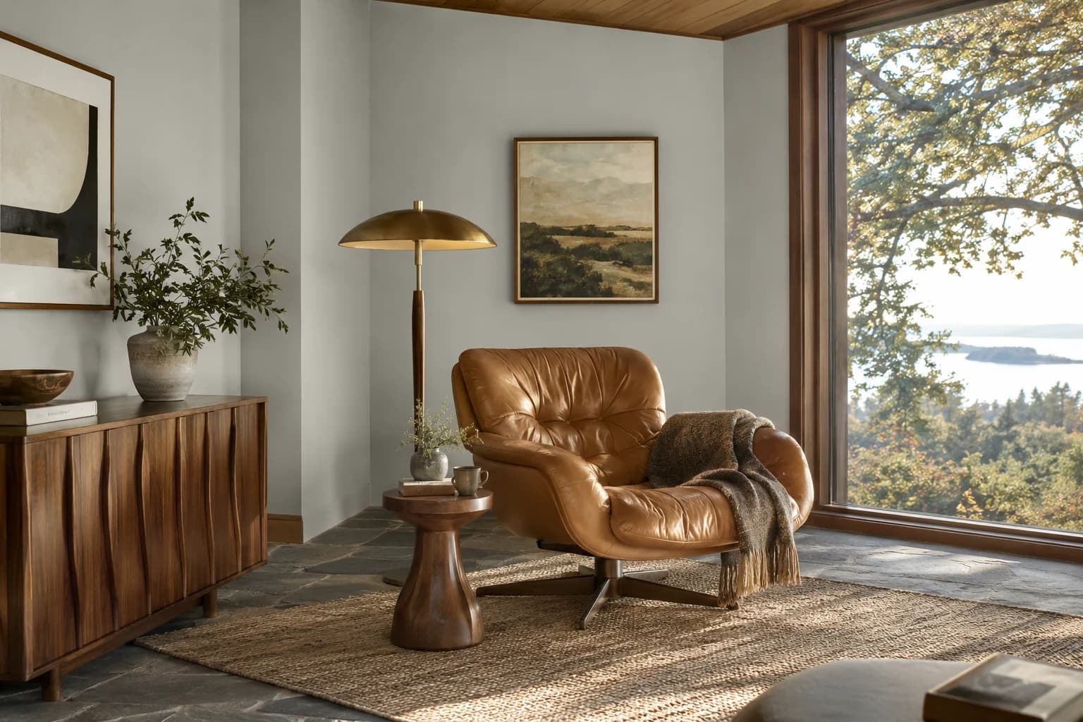 Reading nook with Stonington Gray walls and a cream armchair