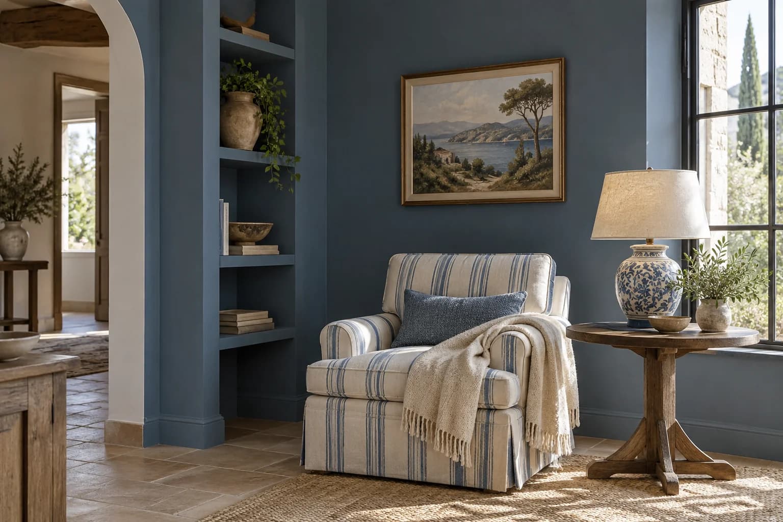Reading nook with Van Deusen Blue walls and a cream armchair