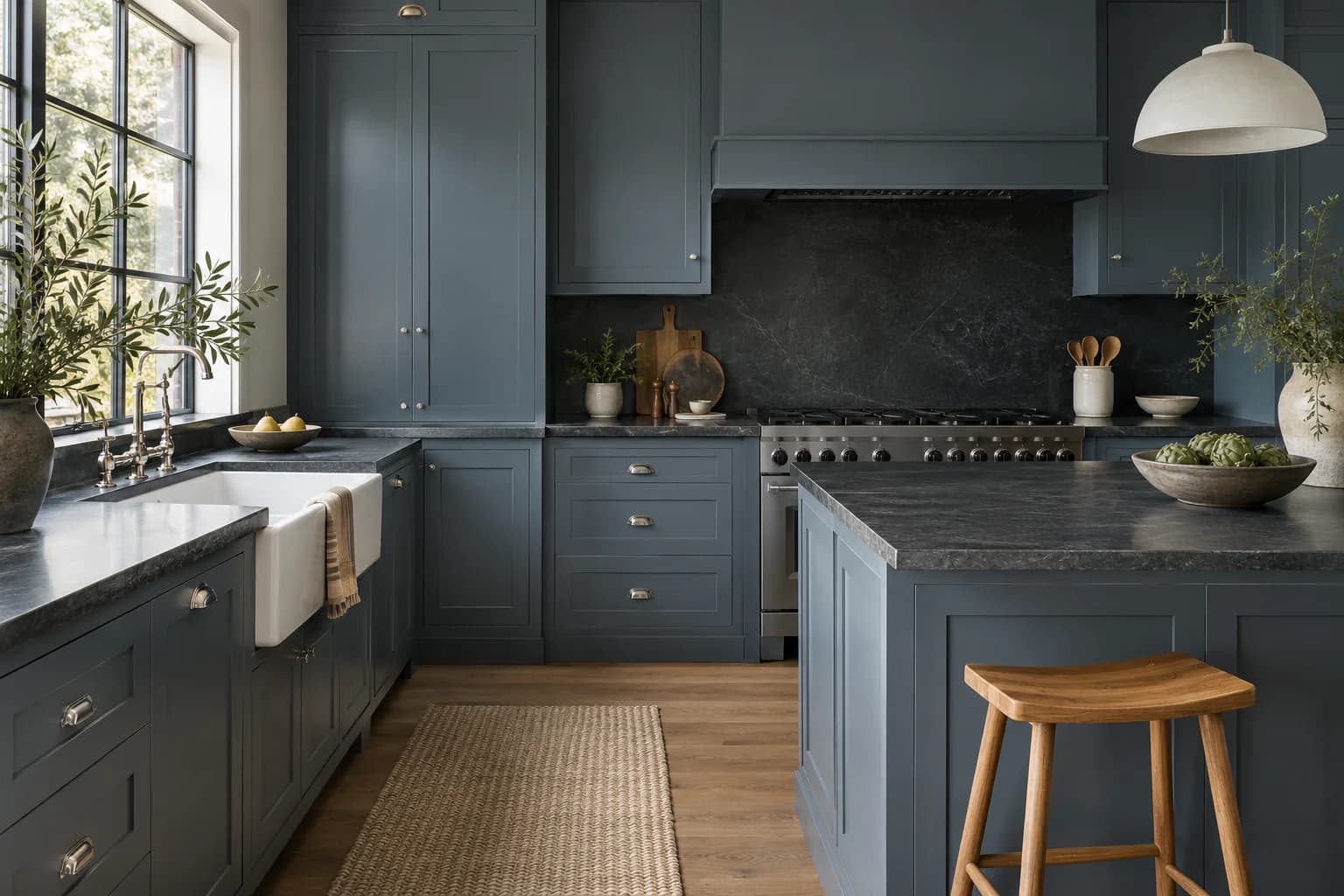 Kitchen cabinets featuring Van Deusen Blue paint