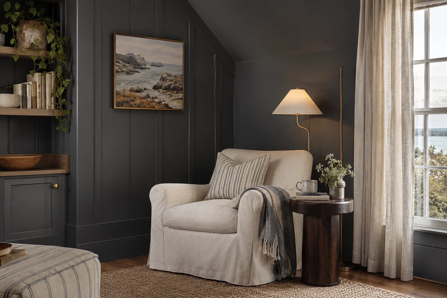 Reading nook with Wrought Iron walls and a cream armchair