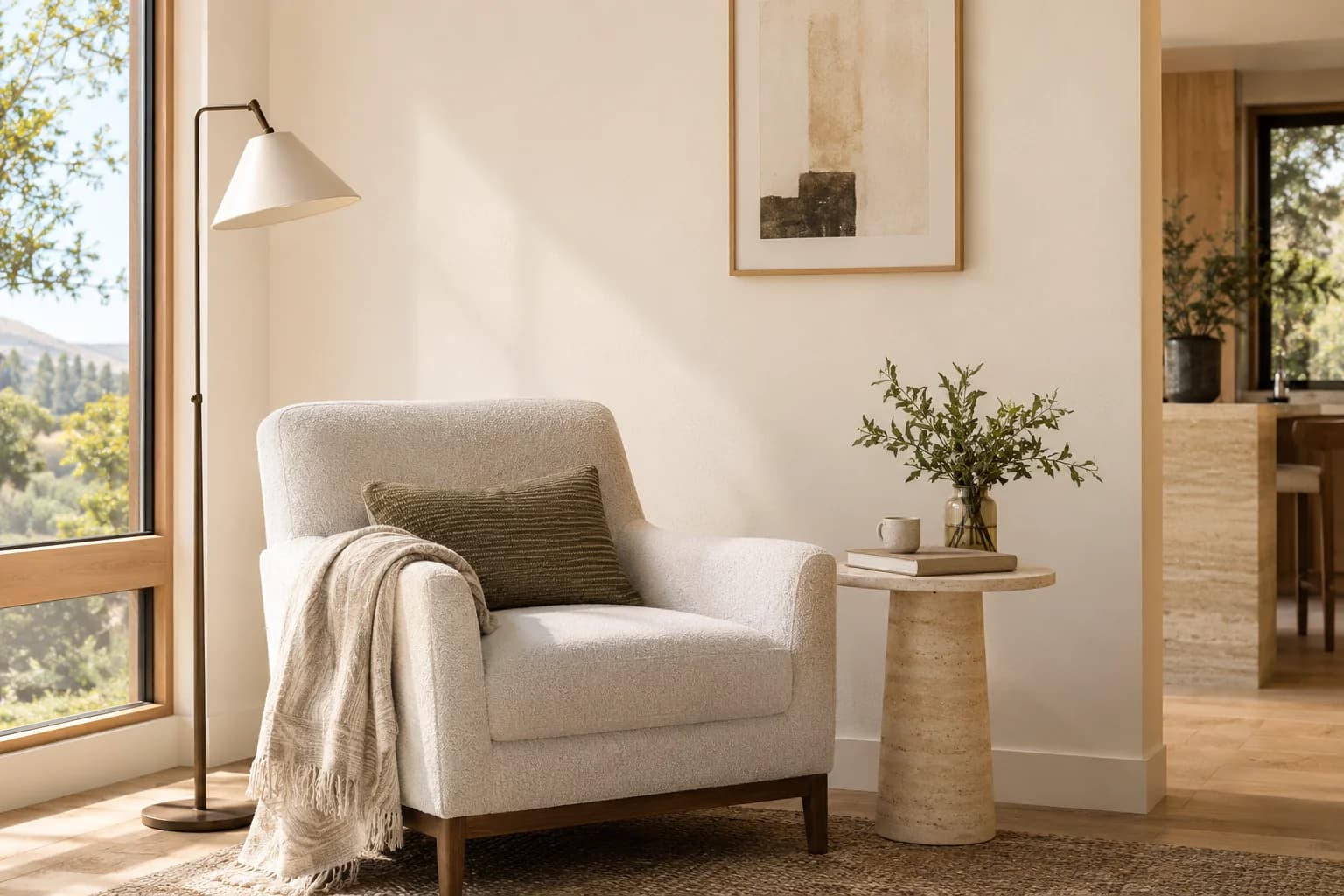 Reading nook with Alabaster walls and a cream armchair