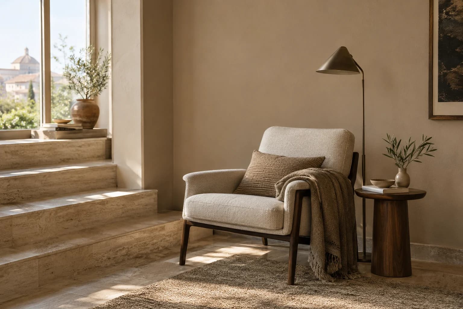 Reading nook with Baked Potato walls and a cream armchair