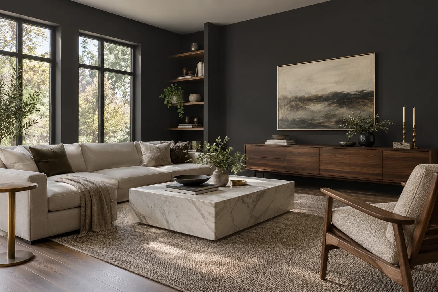 Black walls in a minimal contemporary living room