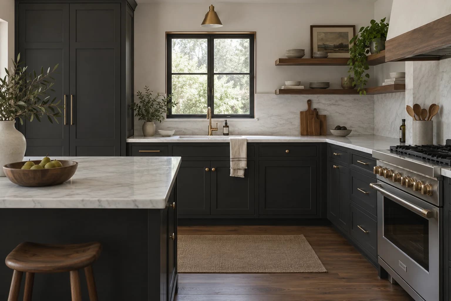 Kitchen cabinets featuring Black paint
