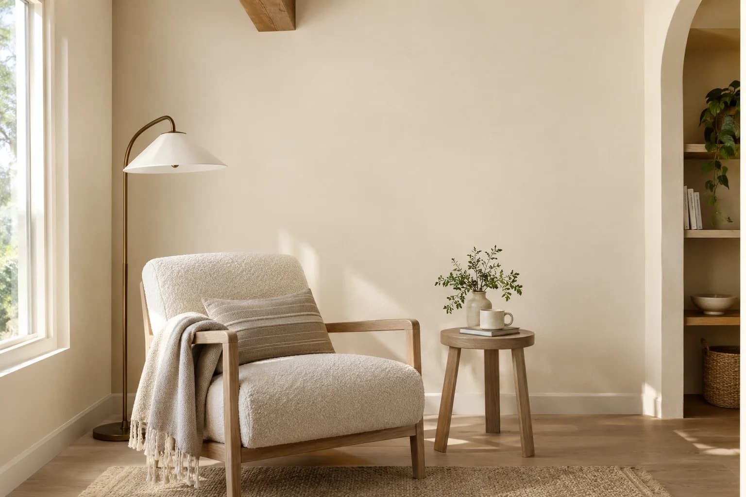 Reading nook with Bone walls and a cream armchair