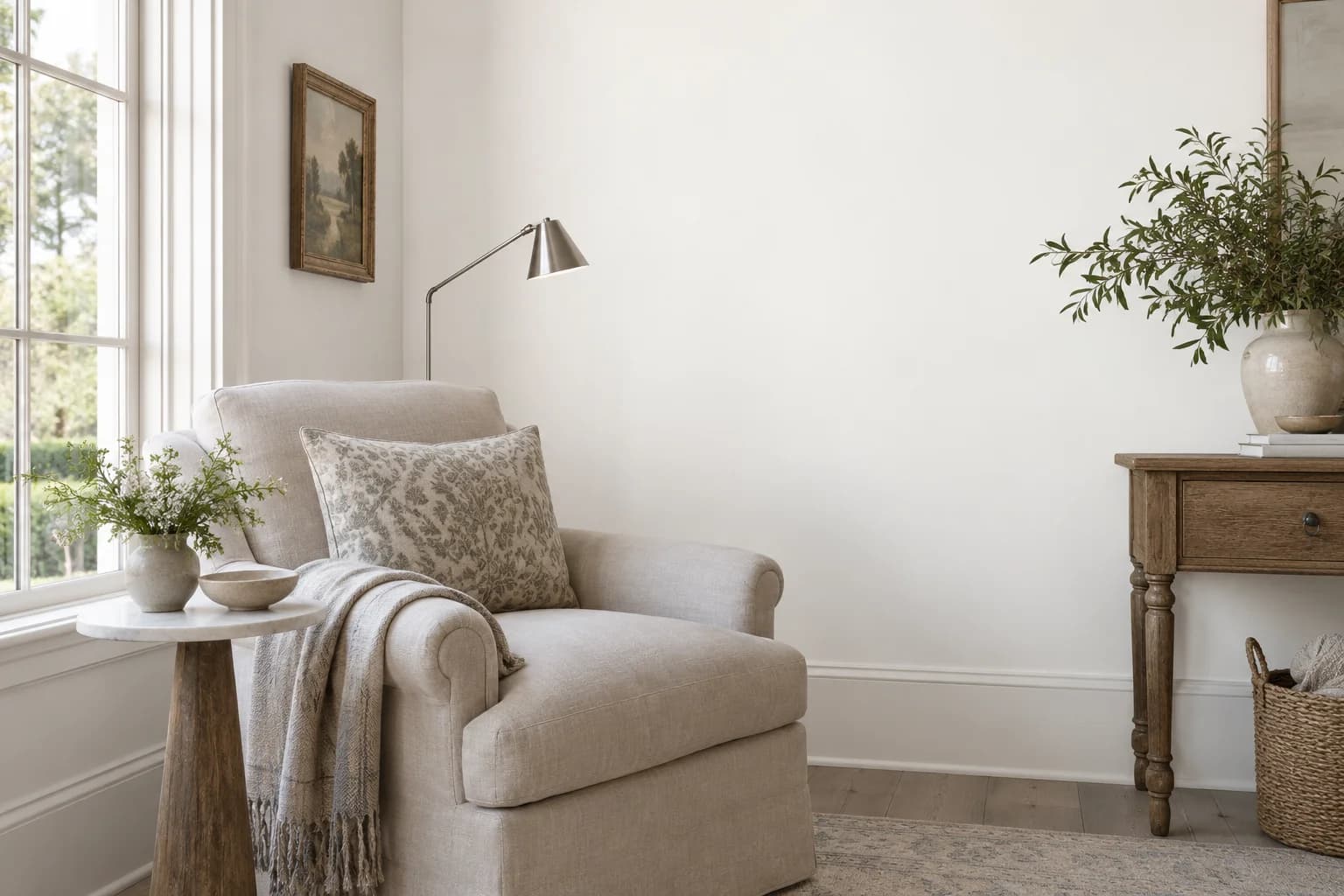Reading nook with Cool December walls and a cream armchair