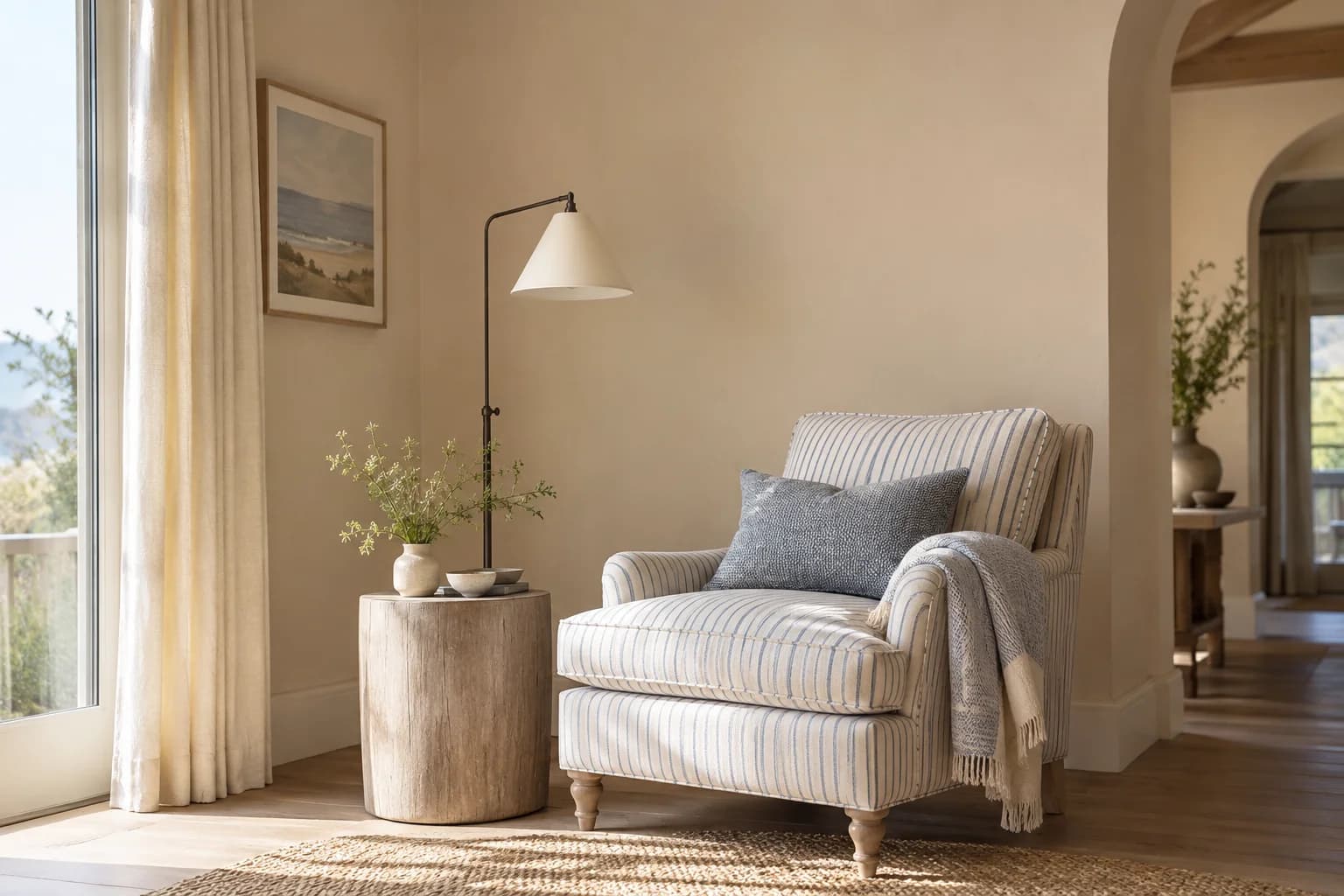 Reading nook with Desert Suede walls and a cream armchair