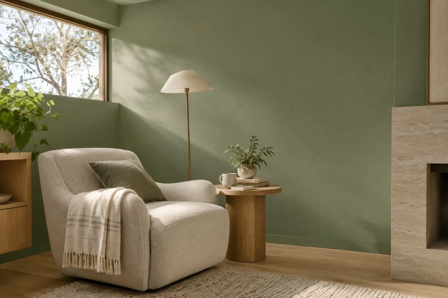 Reading nook with Green Scene walls and a cream armchair