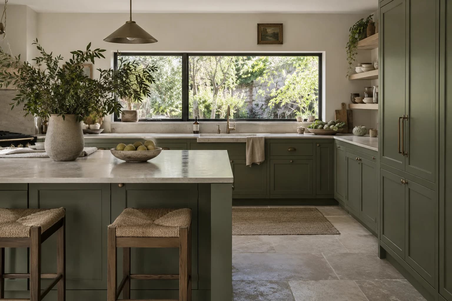 Kitchen cabinets featuring Green Scene paint