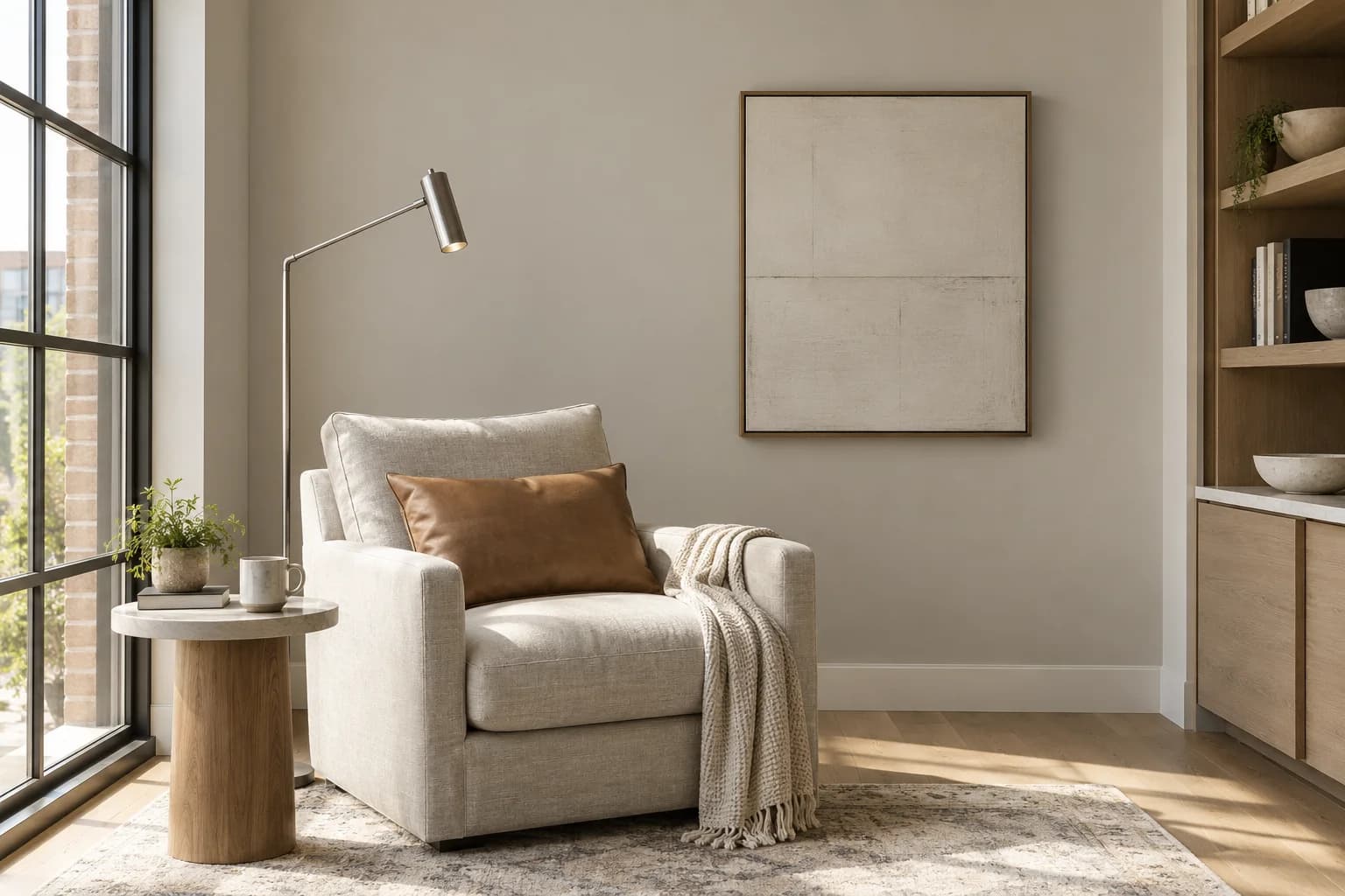 Reading nook with Miner's Dust walls and a cream armchair