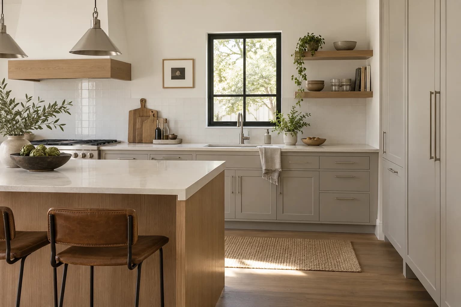 Kitchen cabinets featuring Miner's Dust paint