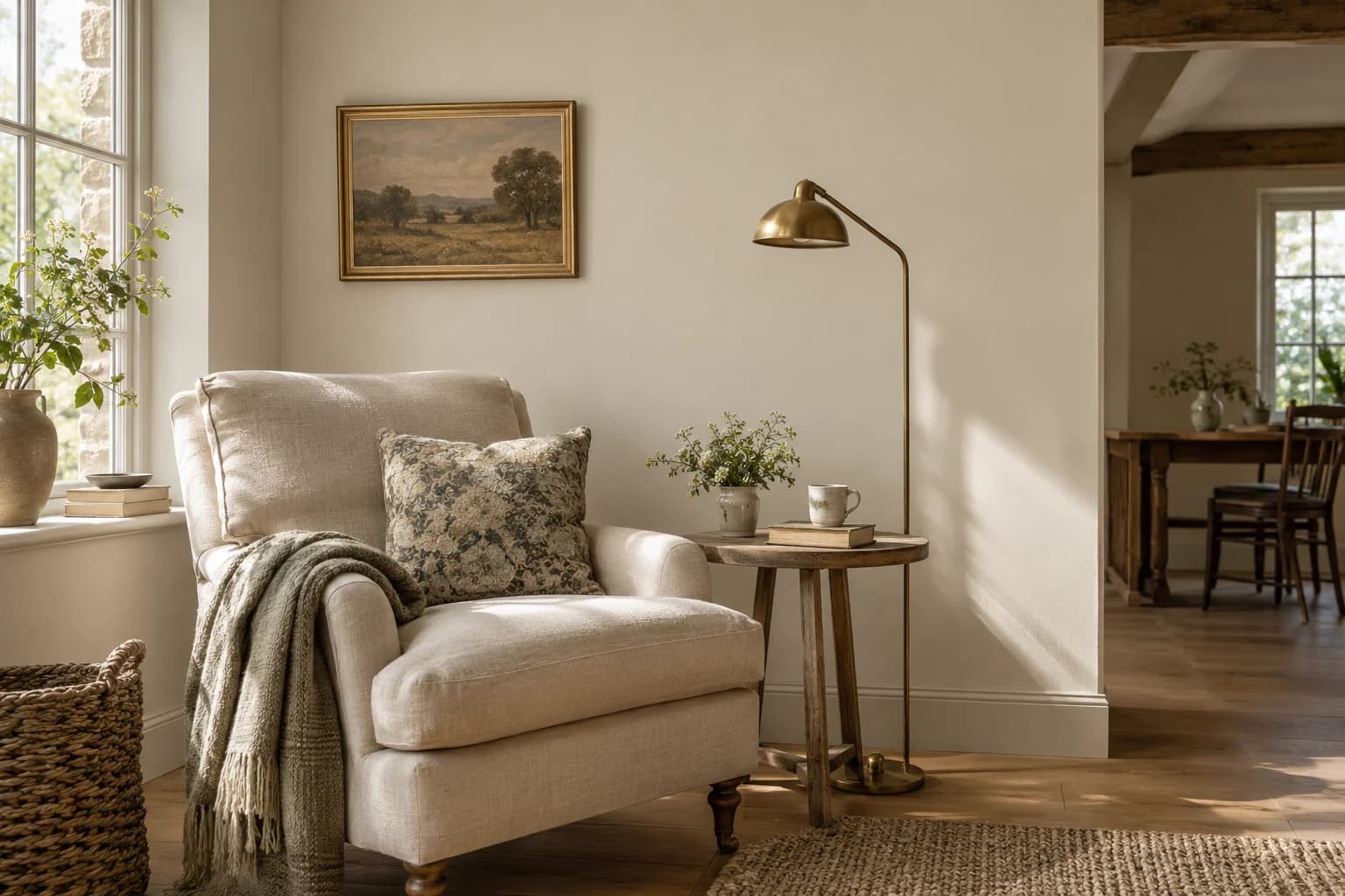 Reading nook with Muslin walls and a cream armchair