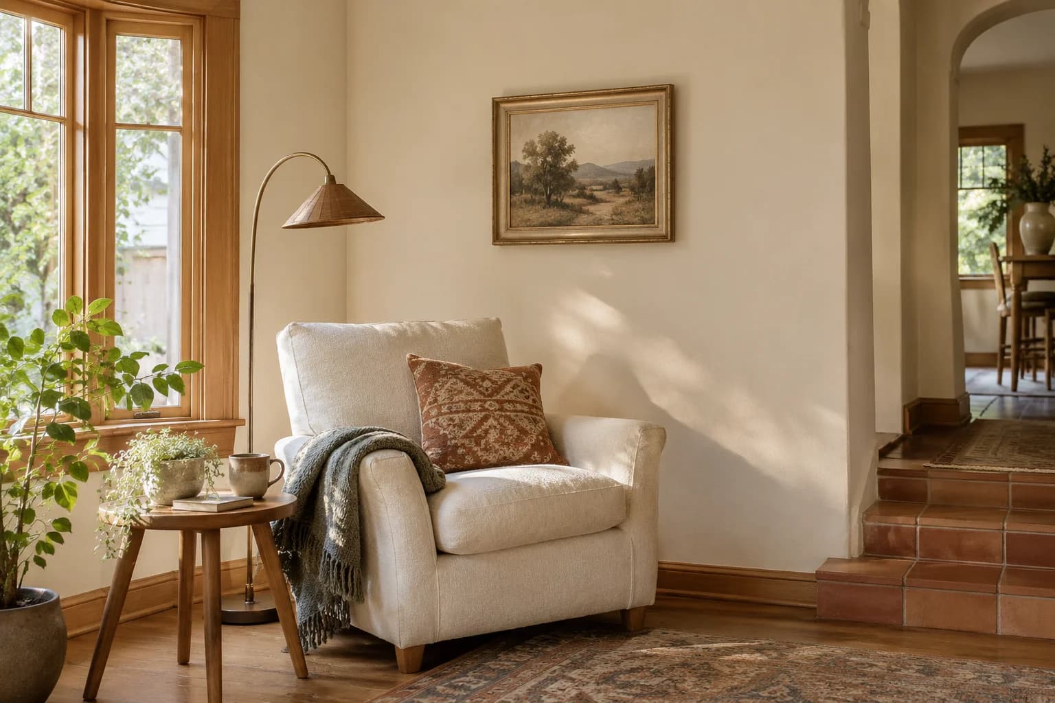 Reading nook with Sandcastle walls and a cream armchair