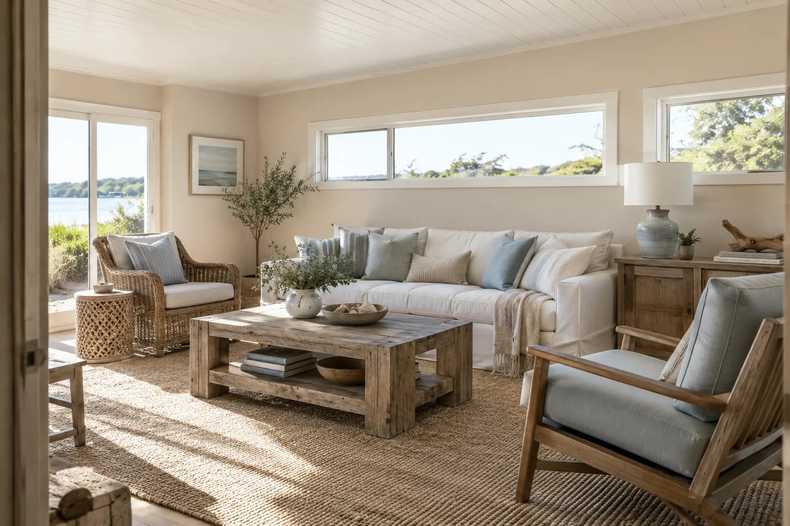 Sandcastle walls in a coastal cottage living room