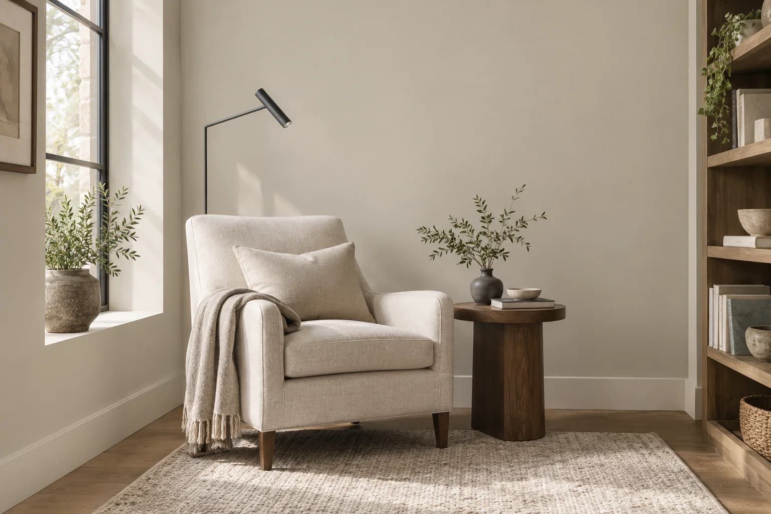 Reading nook with Shady walls and a cream armchair