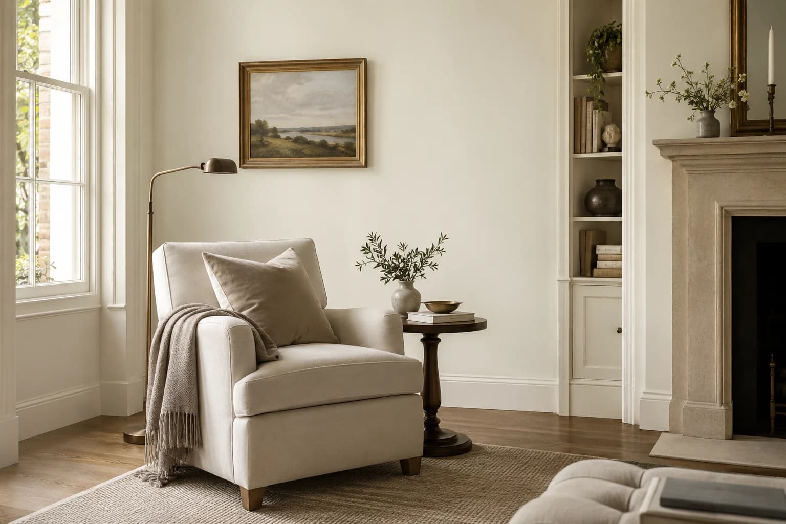 Reading nook with Swiss Coffee walls and a cream armchair