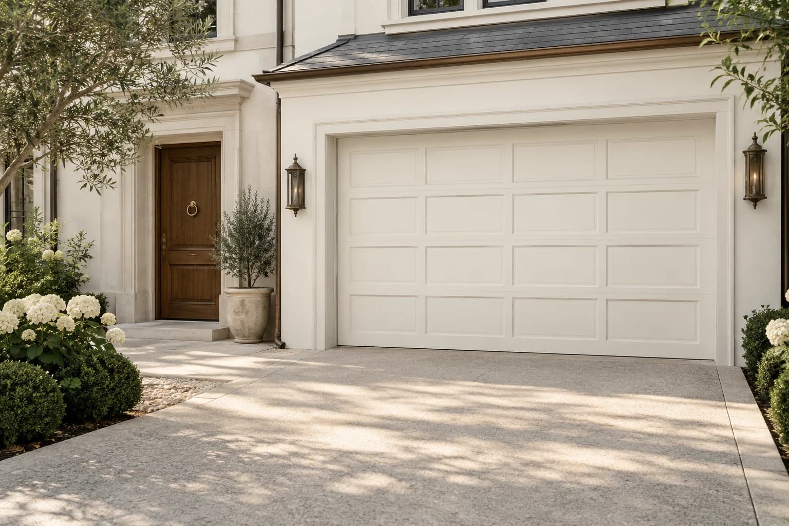 Garage door featuring Swiss Coffee paint
