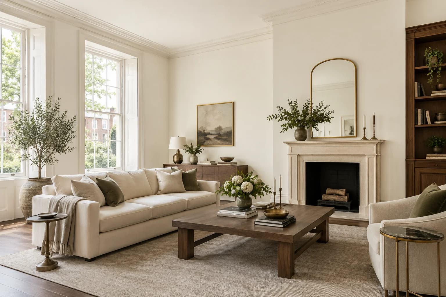 Swiss Coffee walls in a warm transitional living room