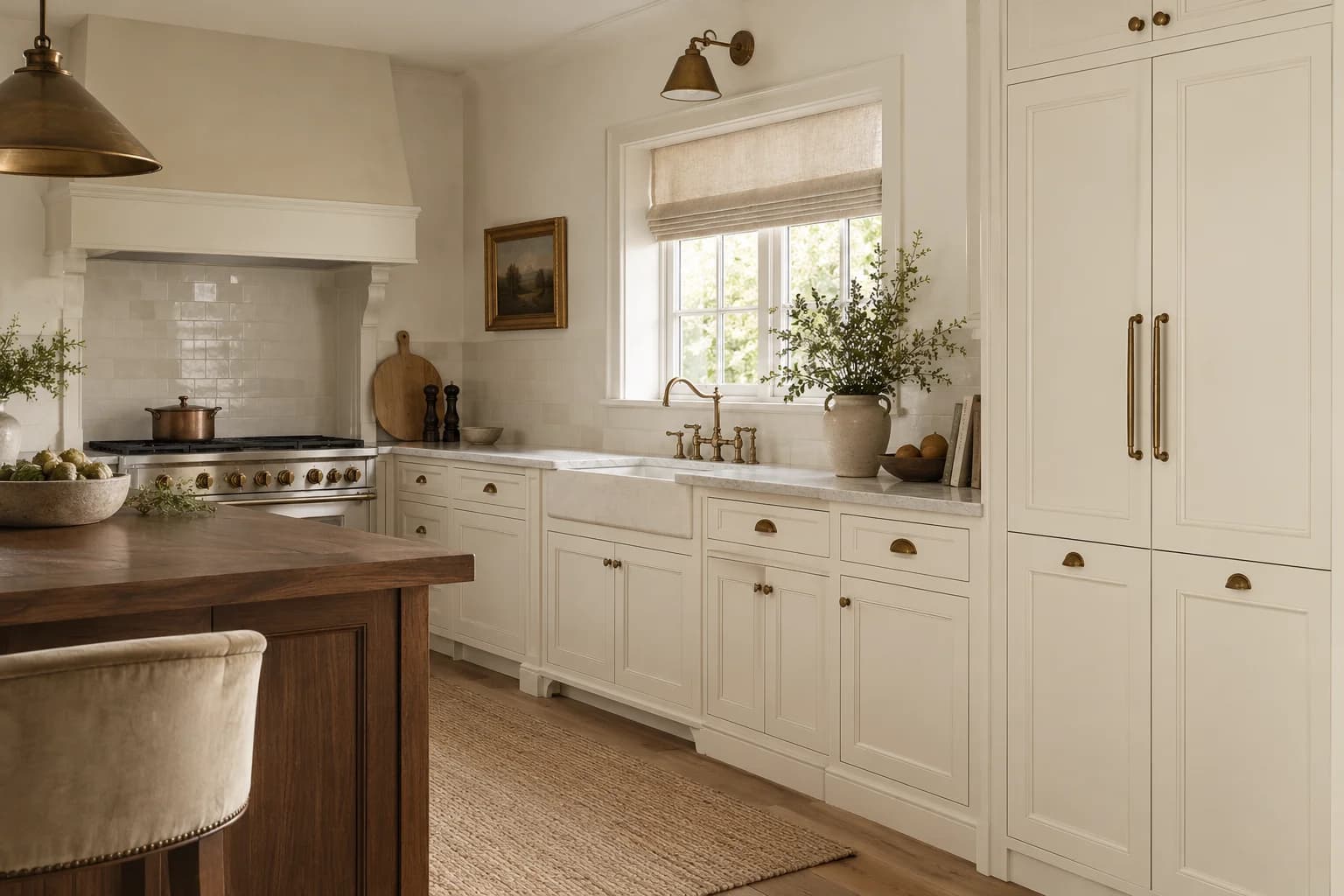 Kitchen cabinets featuring Swiss Coffee paint