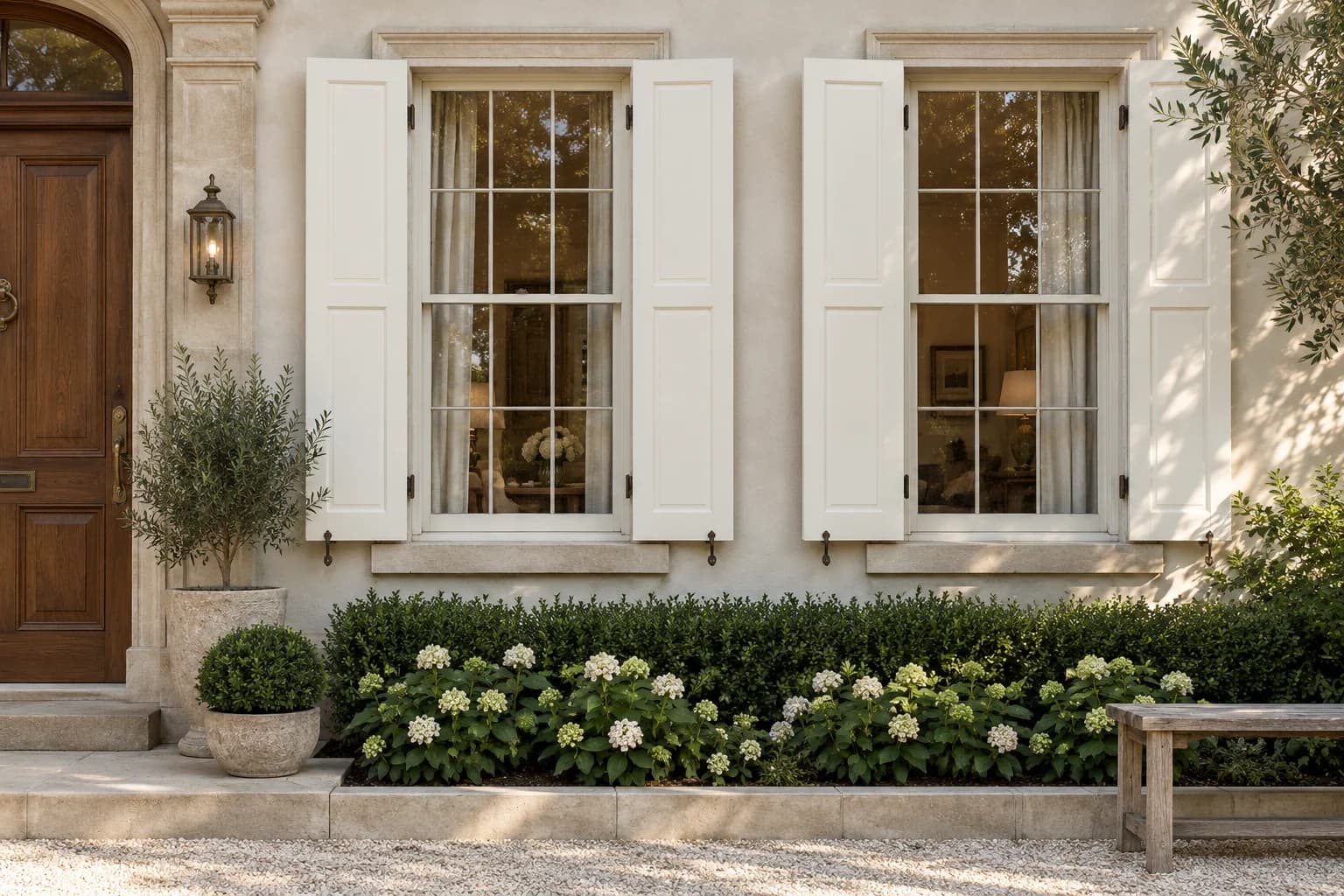Shutters & trim featuring Swiss Coffee paint