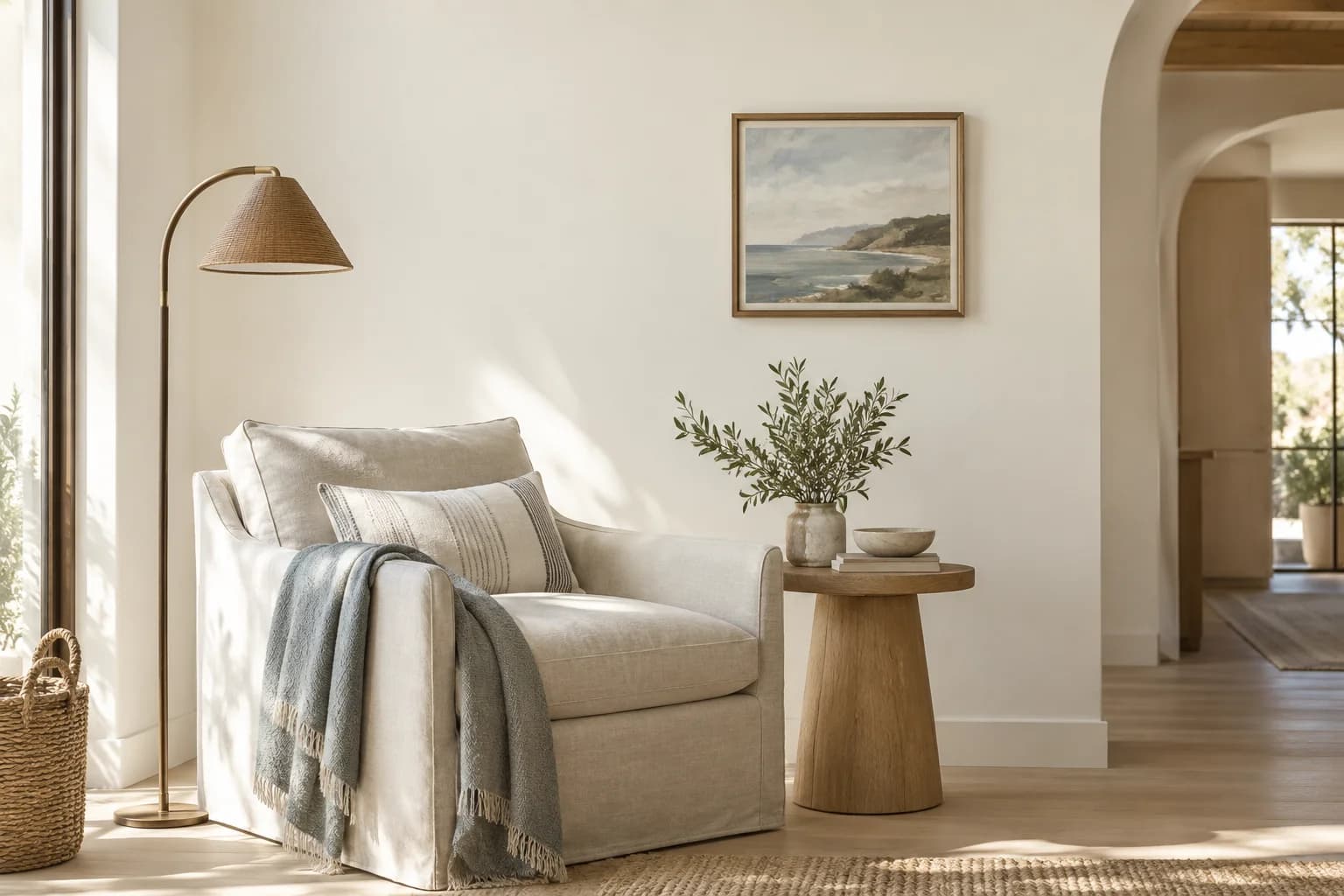 Reading nook with Warm White walls and a cream armchair