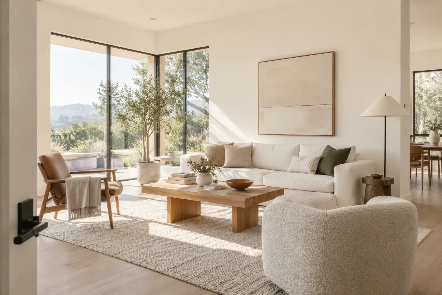 Warm White walls in a California modern living room