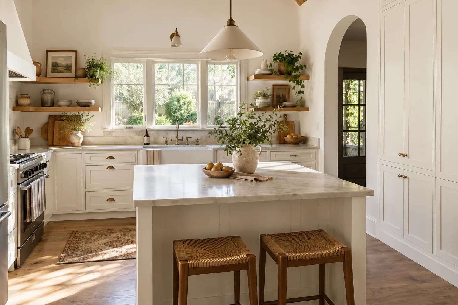 Kitchen cabinets featuring Warm White paint