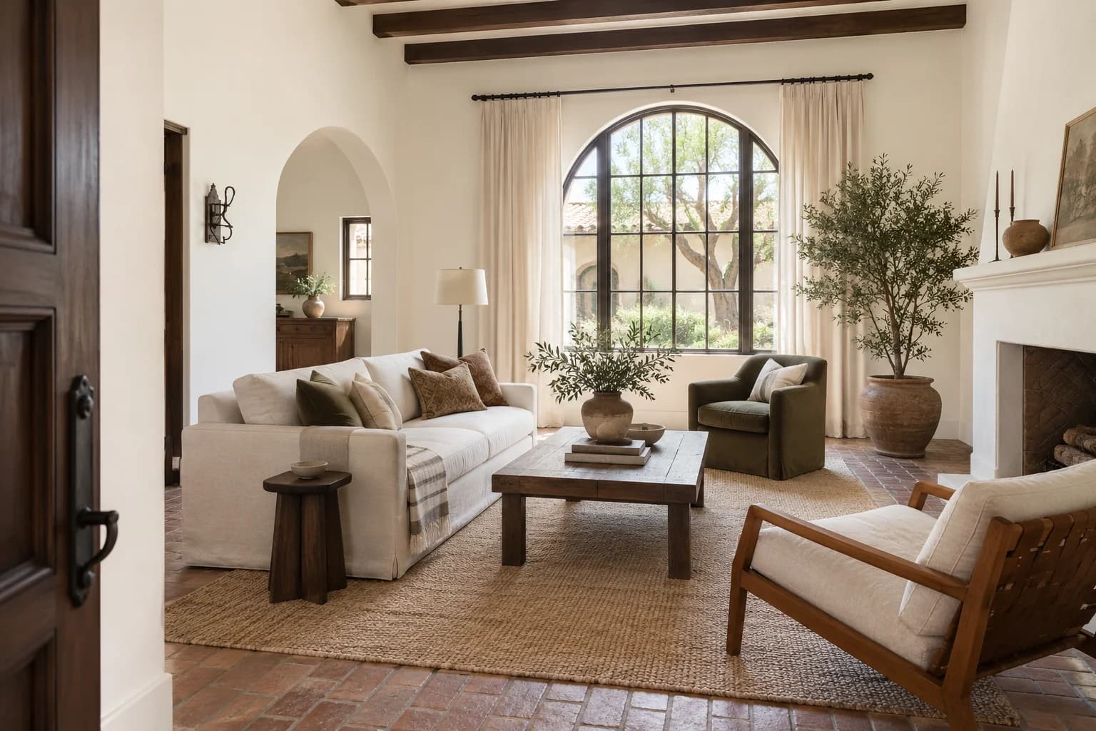 White Heat walls in a Spanish revival living room