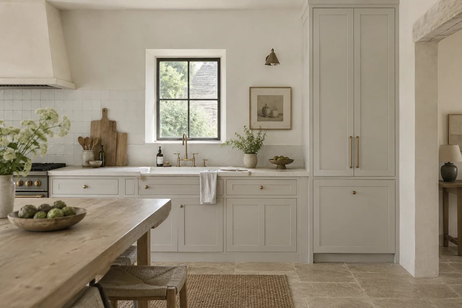 Kitchen cabinets featuring Ammonite paint