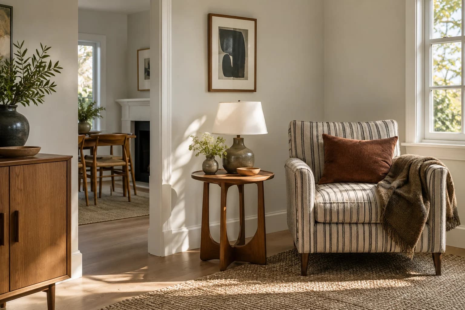 Reading nook with Cornforth White walls and a cream armchair