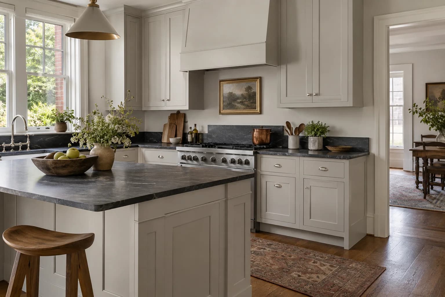 Kitchen cabinets featuring Cornforth White paint