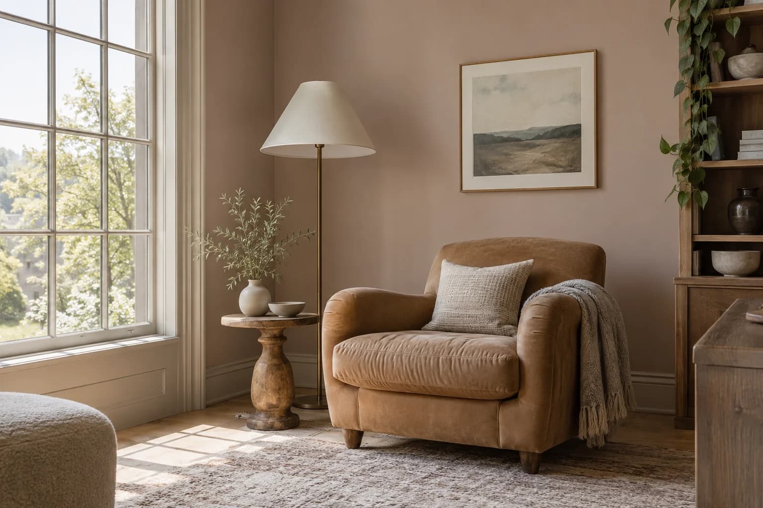 Reading nook with Dead Salmon walls and a cream armchair