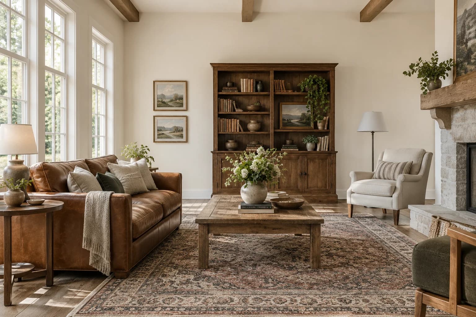 Dimity walls in a traditional farmhouse living room