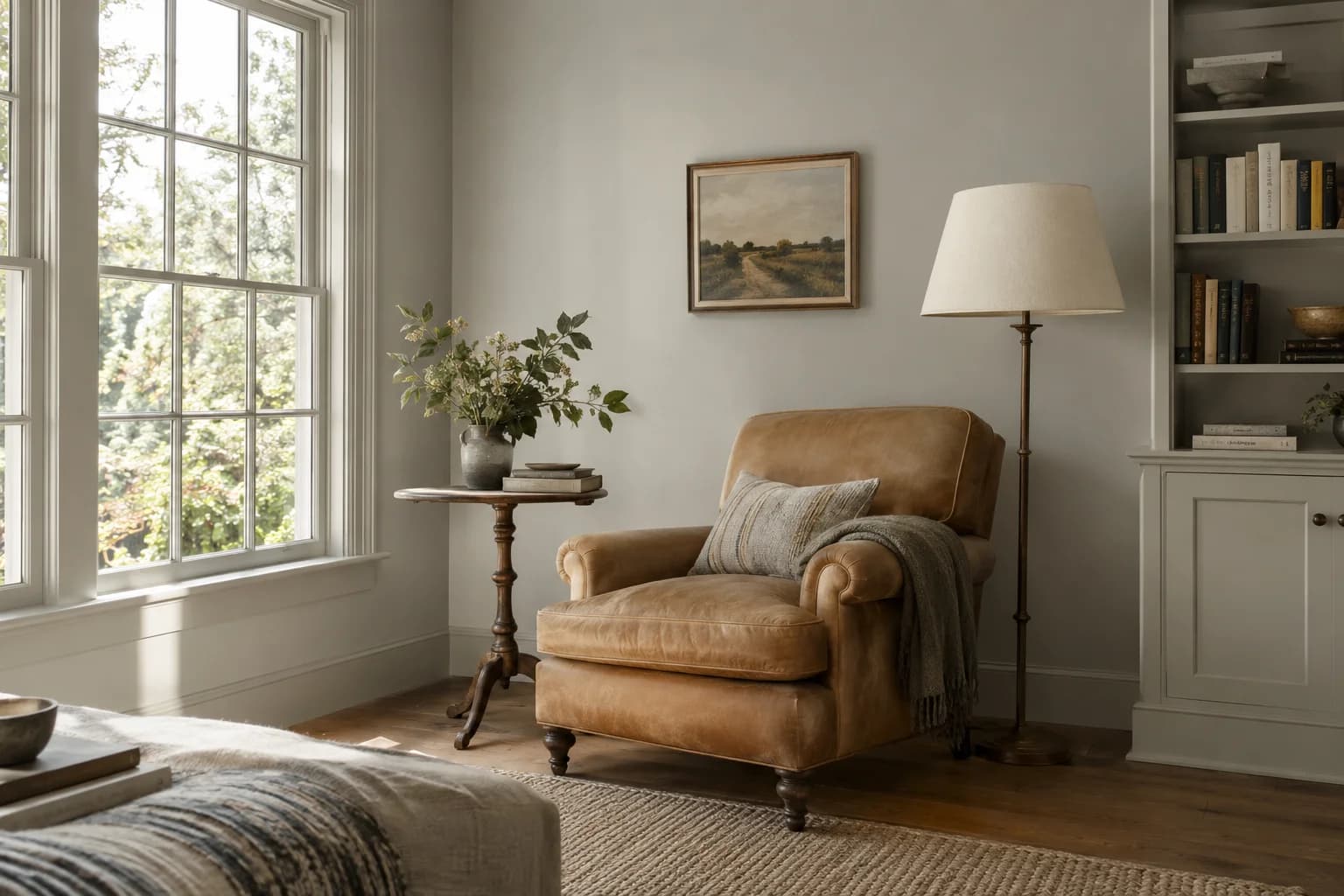 Reading nook with Pavilion Gray walls and a cream armchair