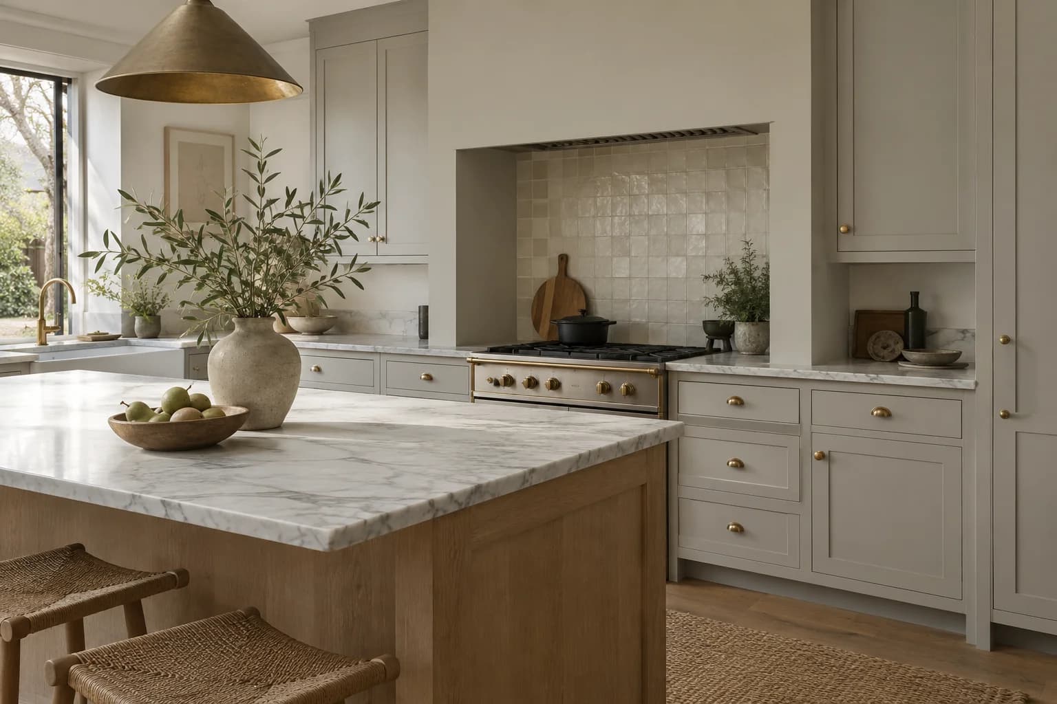 Kitchen cabinets featuring Pavilion Gray paint