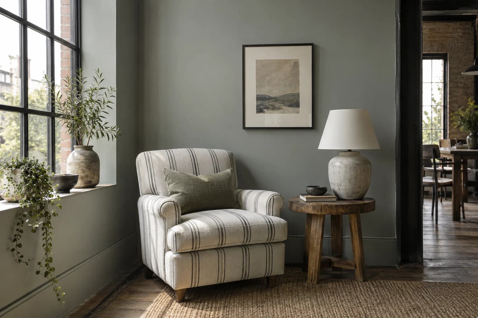 Reading nook with Pigeon walls and a cream armchair