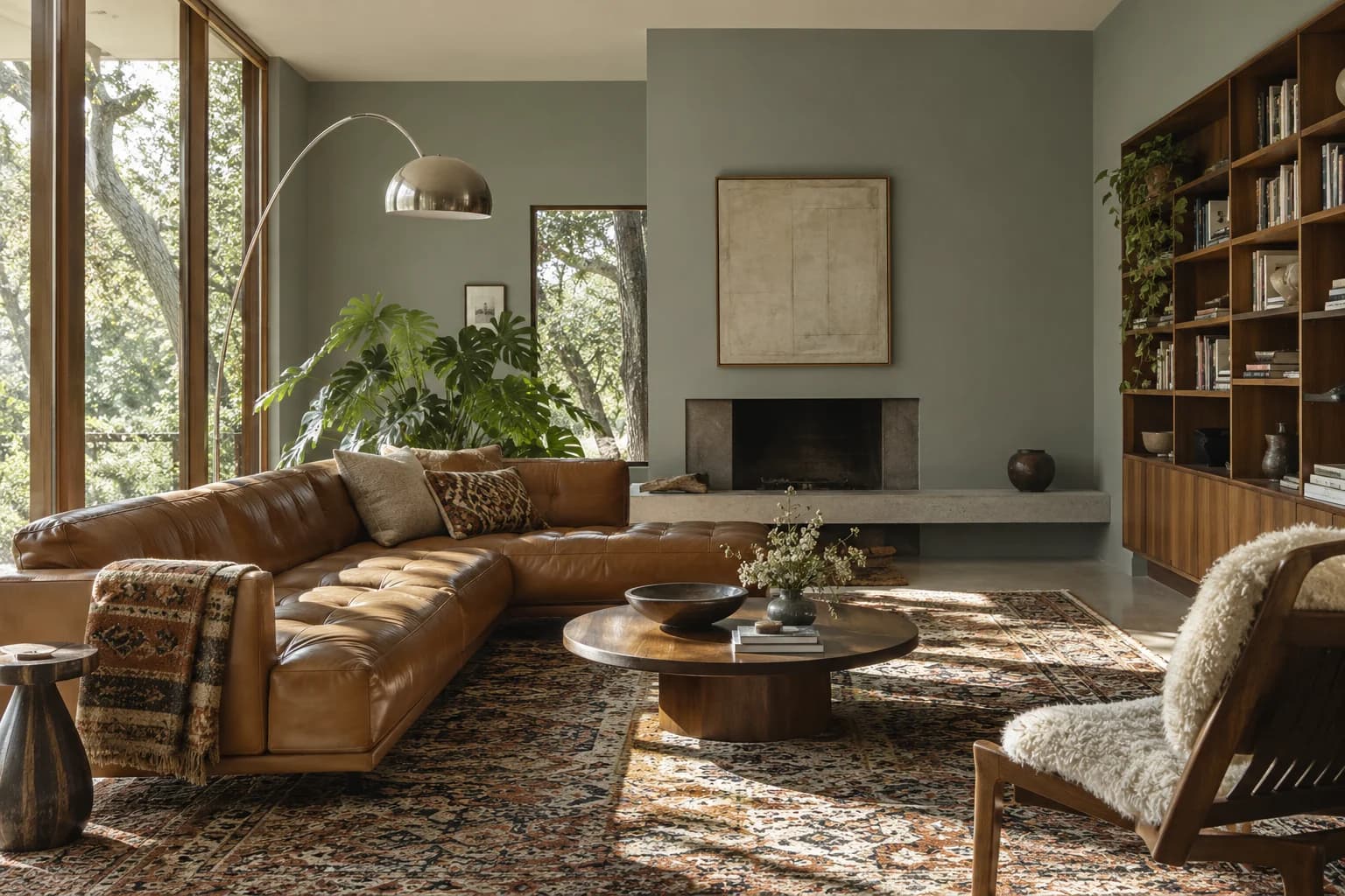 Pigeon walls in a 1970s modern living room