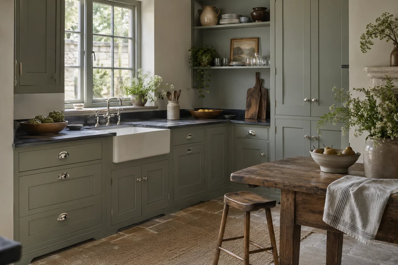 Kitchen cabinets featuring Pigeon paint