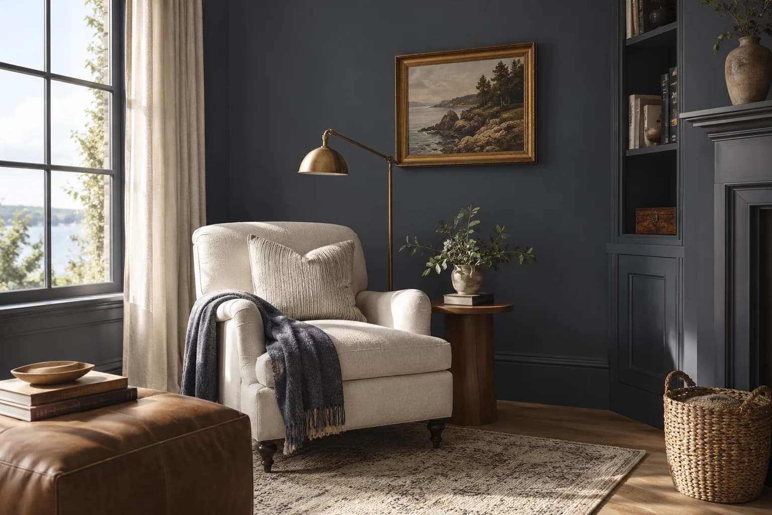 Reading nook with Hale Navy walls and a cream armchair