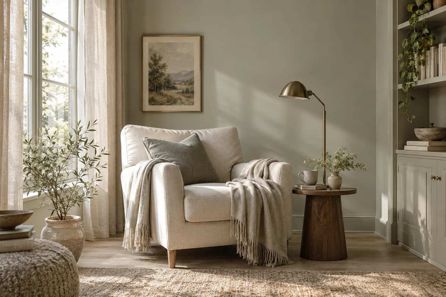 Reading nook with October Mist walls and a cream armchair