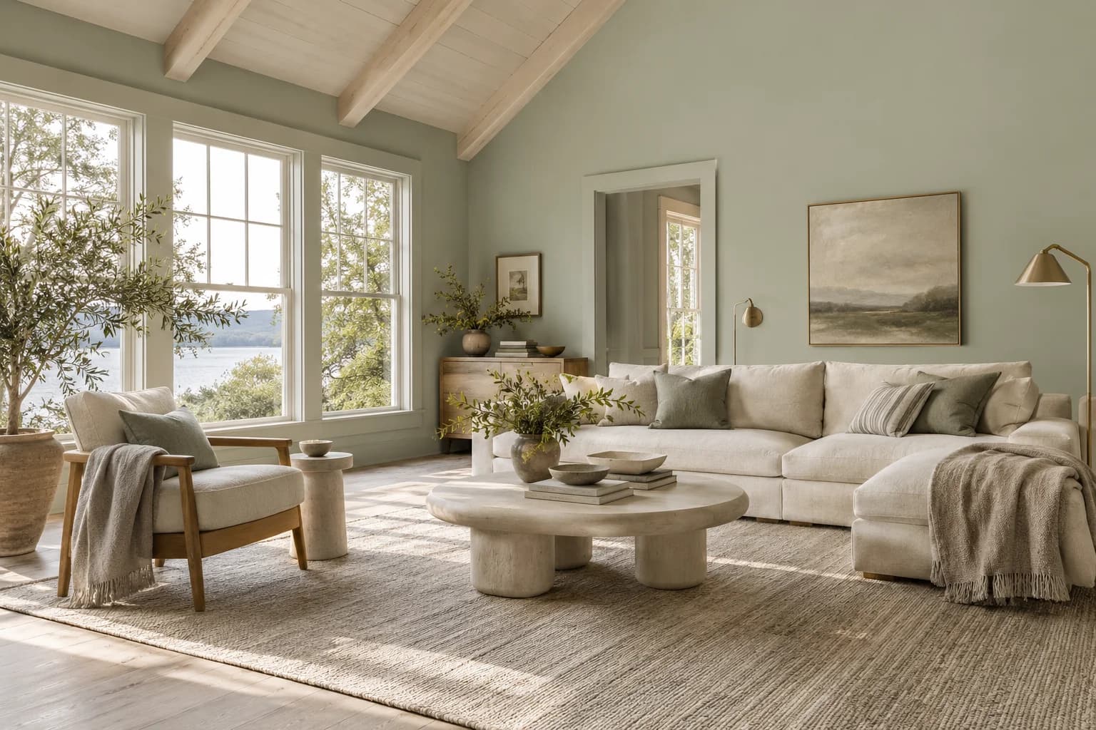 October Mist walls in a Scandinavian cottage living room