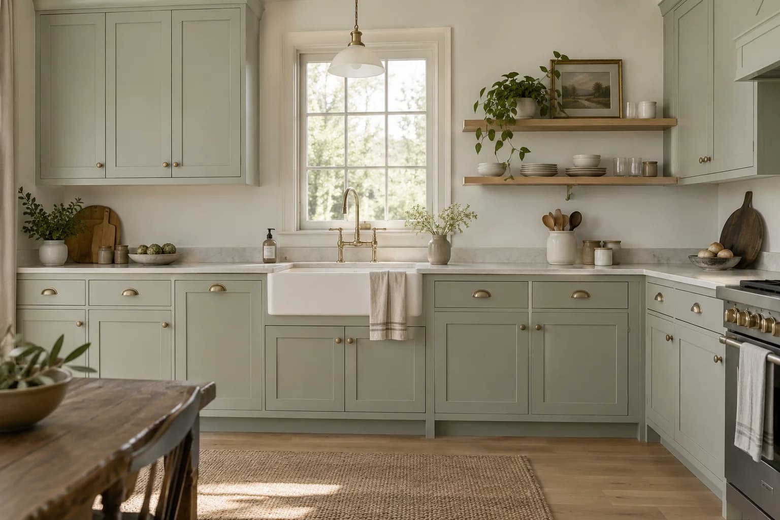 Kitchen cabinets featuring October Mist paint