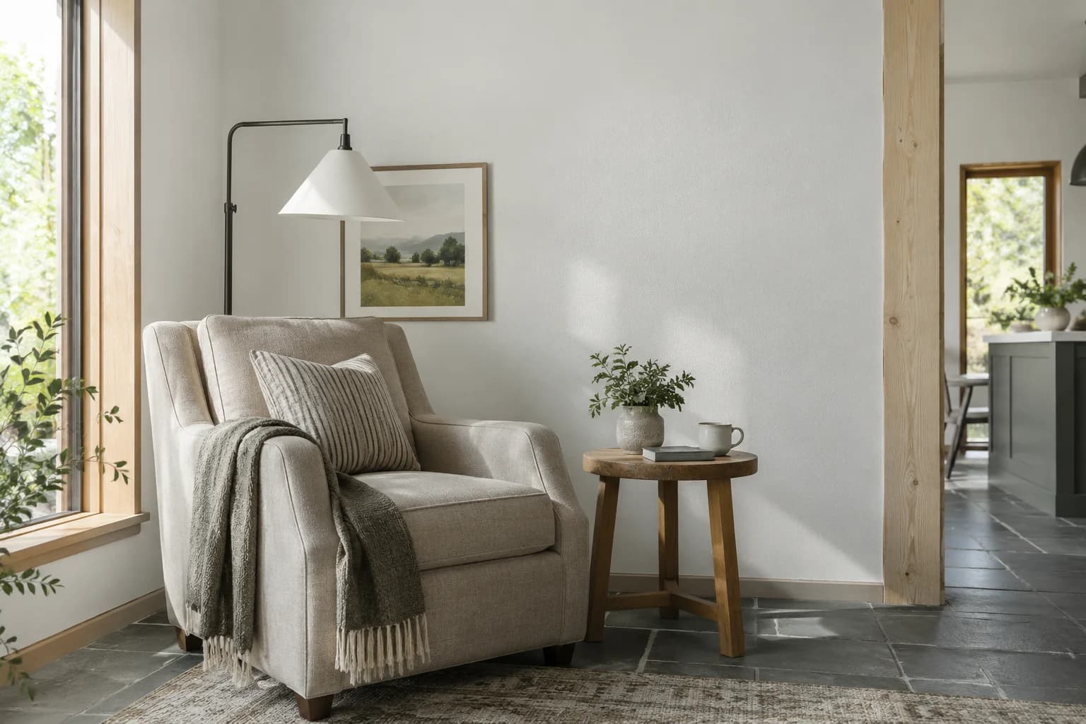 Reading nook with Aria walls and a cream armchair