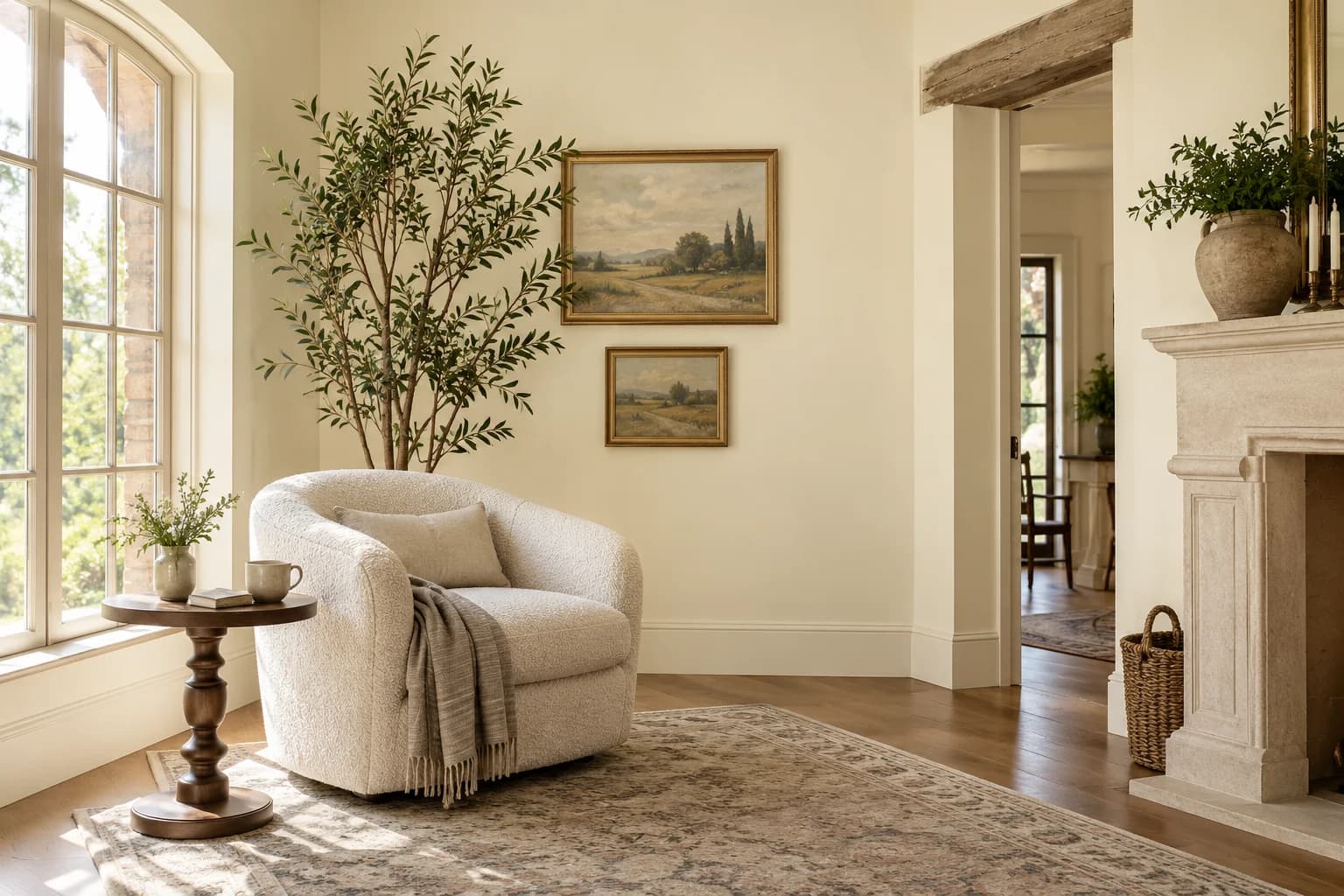 Reading nook with Candlewick walls and a cream armchair