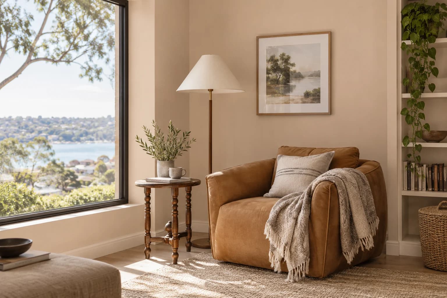 Reading nook with Cocoa Cream walls and a cream armchair