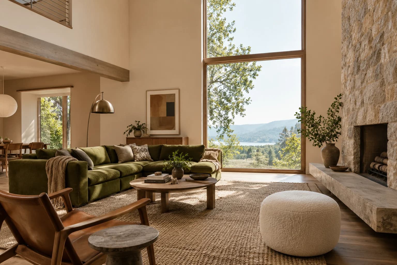 Cocoa Cream walls in a warm midcentury living room