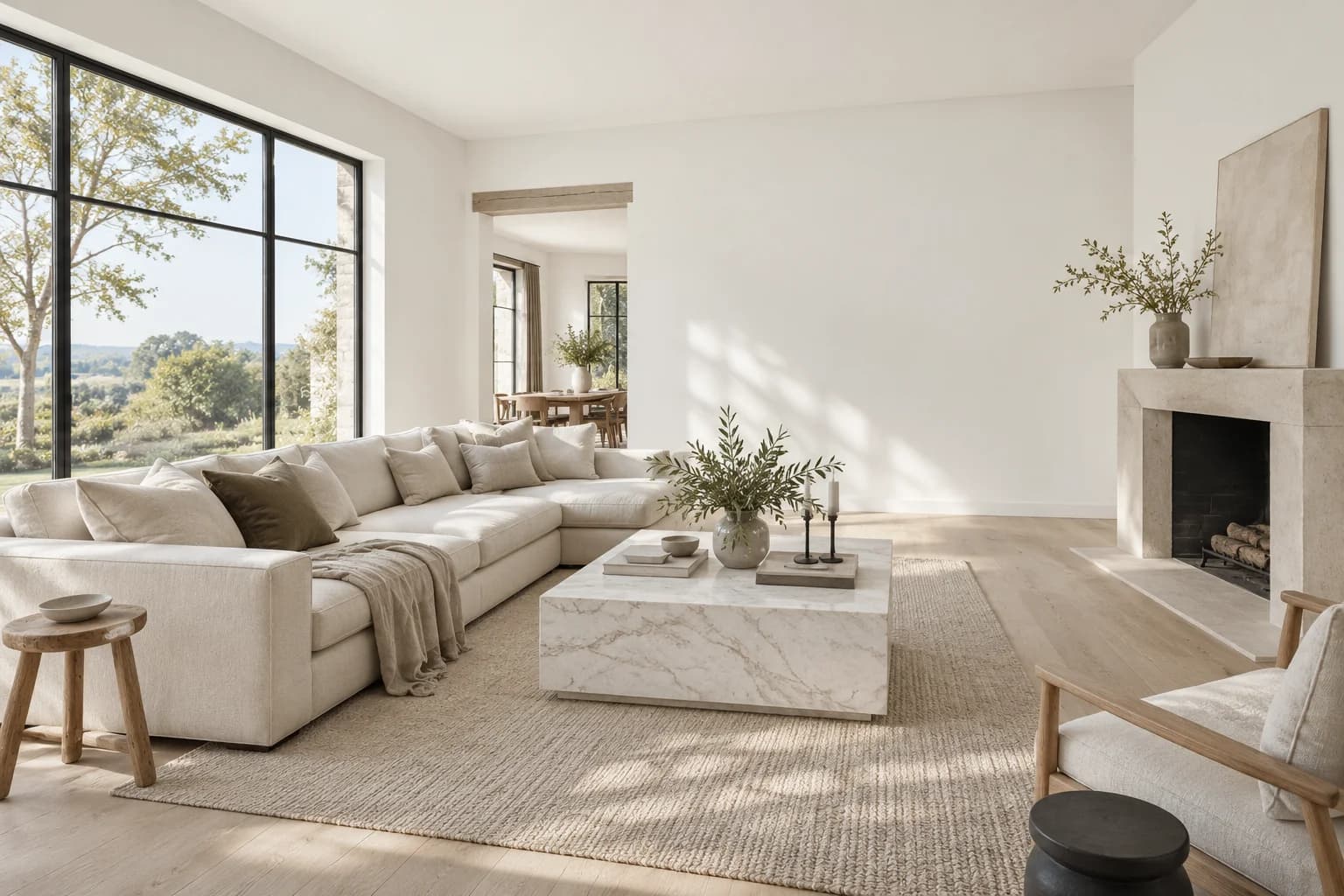 Delicate White walls in a modern coastal living room