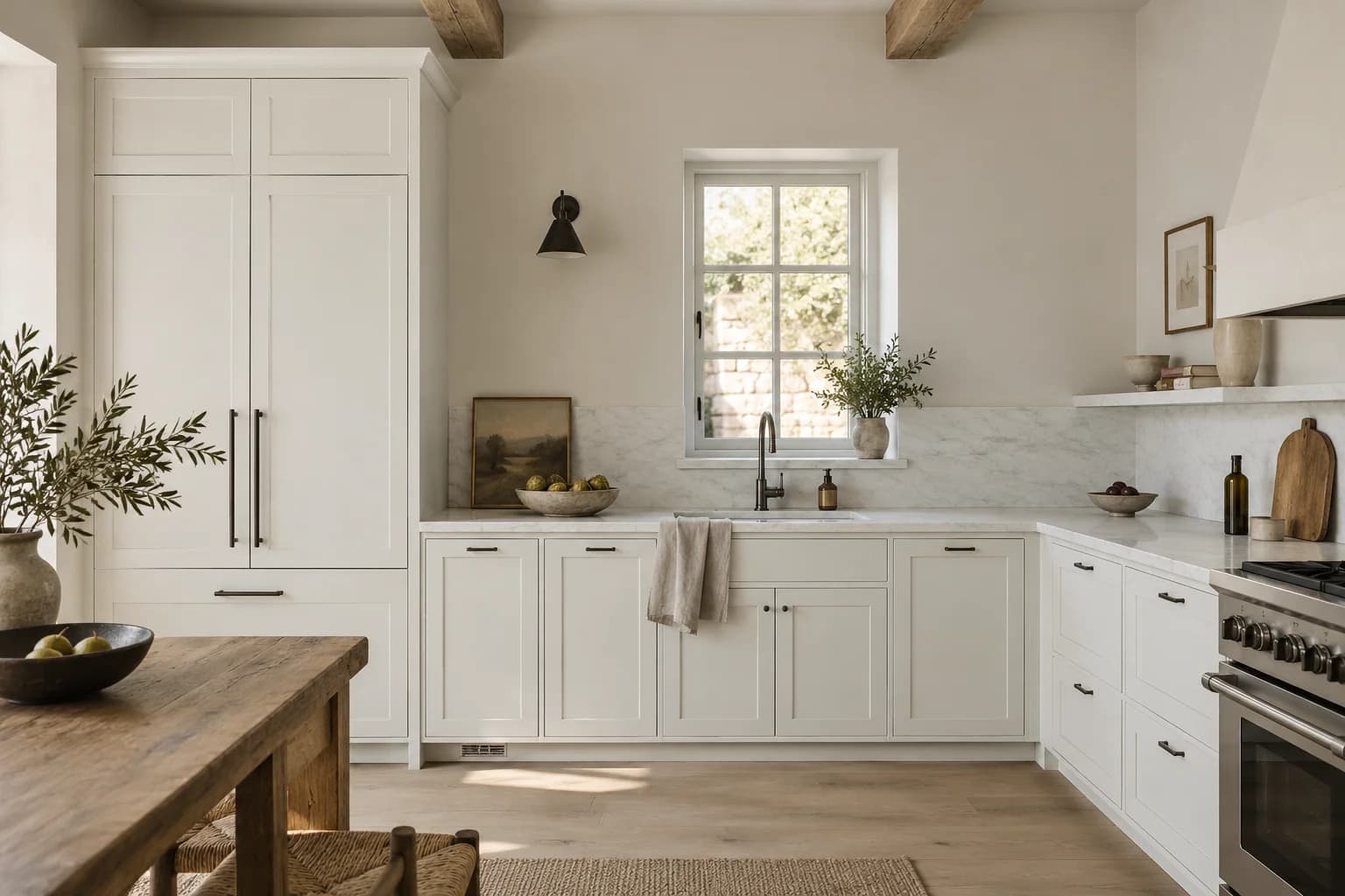 Kitchen cabinets featuring Delicate White paint