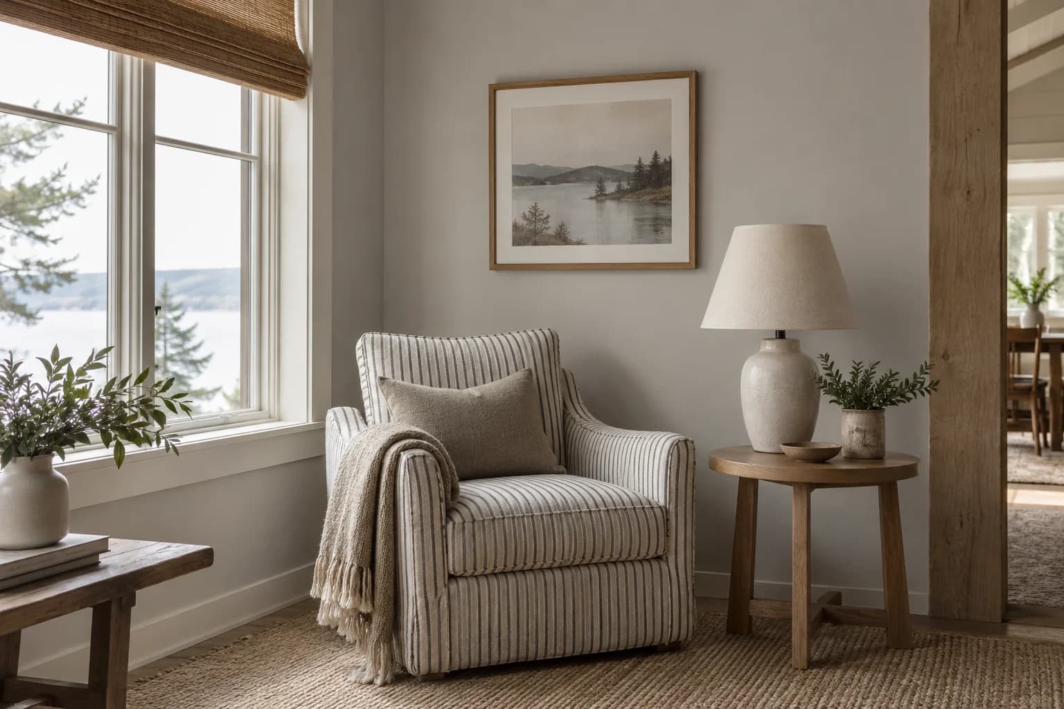 Reading nook with Early Evening walls and a cream armchair